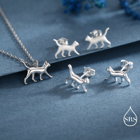 Cat Stud Earrings and Pendant Necklace in Sterling Silver, Nature Inspired Jewellery, Dainty and Delicate