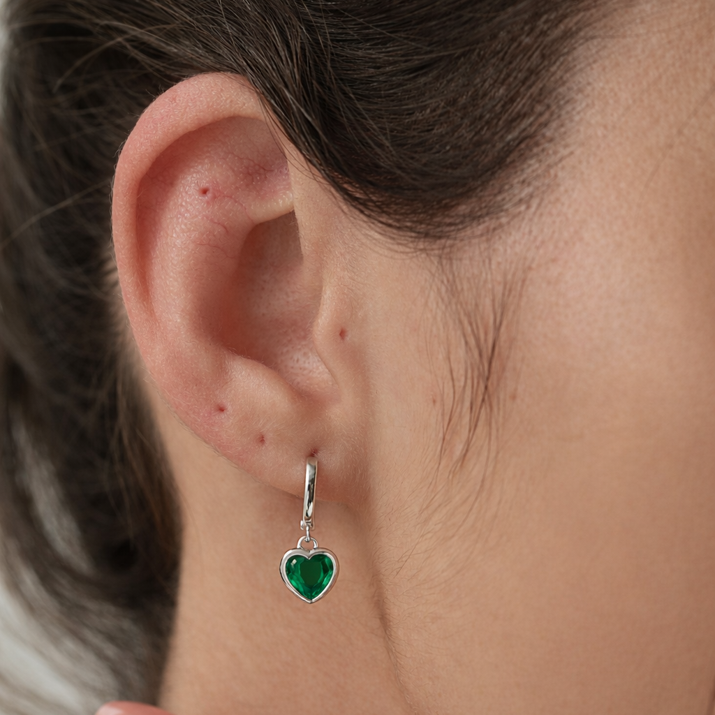 Emerald Green CZ Heart Huggie Hoop in Sterling Silver, Silver or Gold, 8mm Inner Diameter, Stacking Earrings, May Birthstone