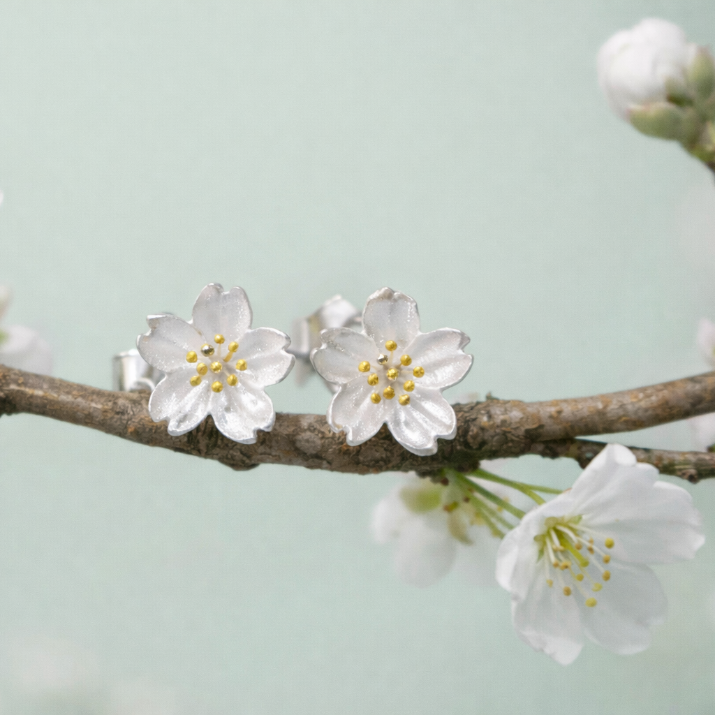 Sterling Silver Dainty Little Cherry Blossom Flower Floral Stud Earrings,  Sand Blasted Textured Finish, Cute and Sweet Design