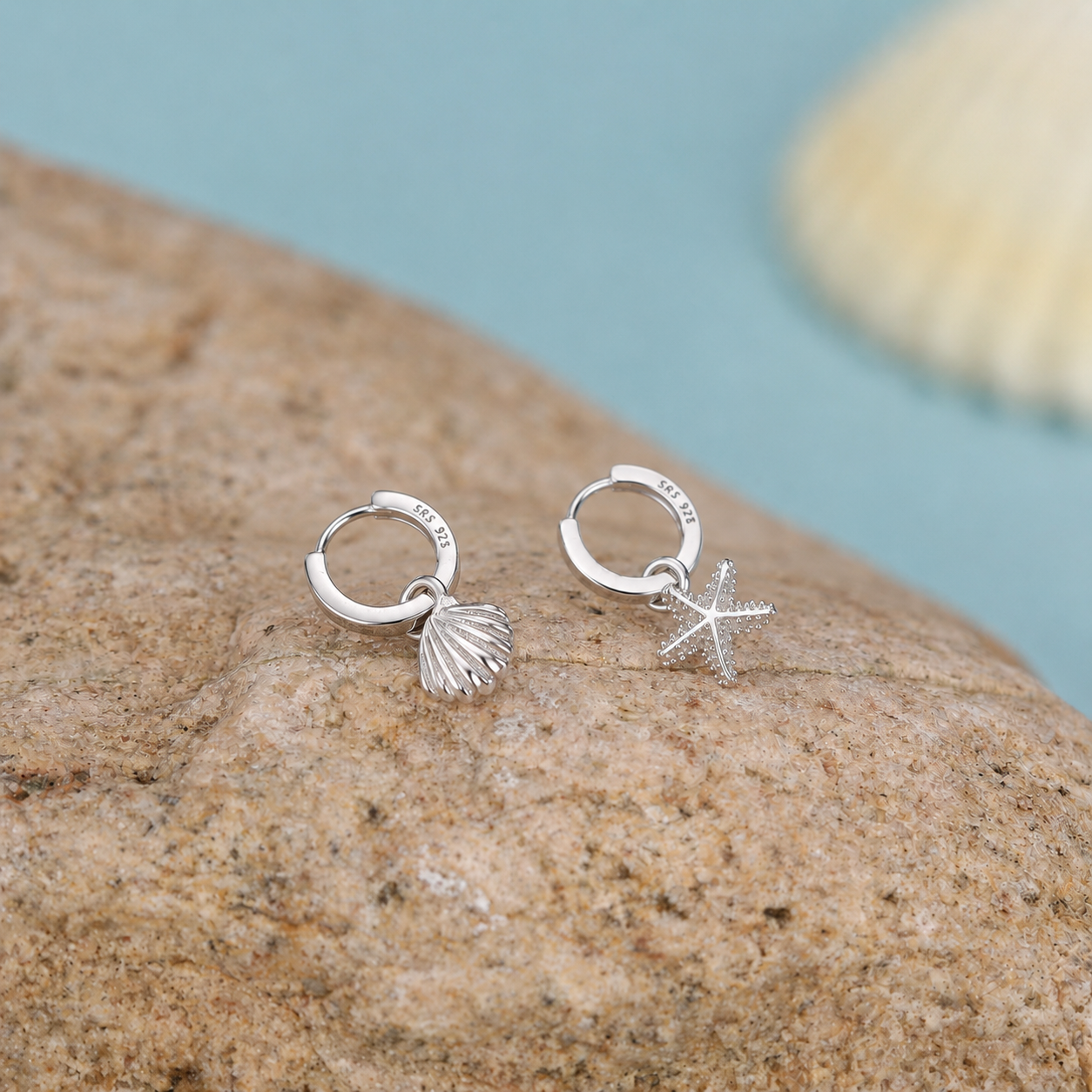 Sterling Silver Mismatched Shell and Starfish Huggie Hoops, Silver, Gold or Rose Gold, Detachable Cute Shell Hoop Earrings,