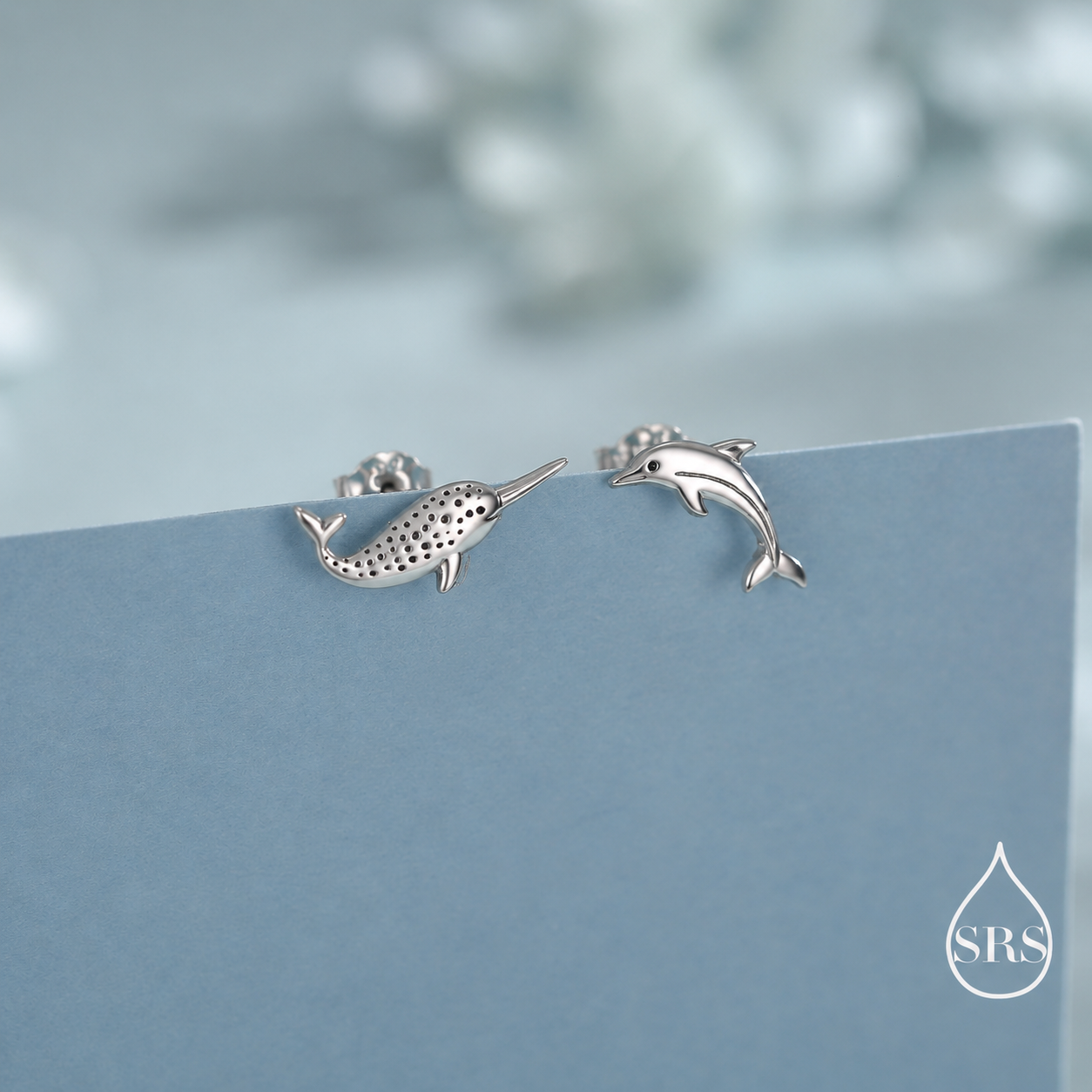Mismatched Narwhal Unicorn Whale and Dolphin Stud Earrings in Sterling Silver
