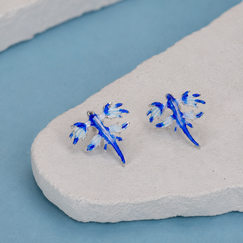 Tiny Blue Sea Dragon Stud Earrings in Sterling Silver, Enamel Blue Sea Slug Earrings, Fun Quirky and Whimsical Jewellery