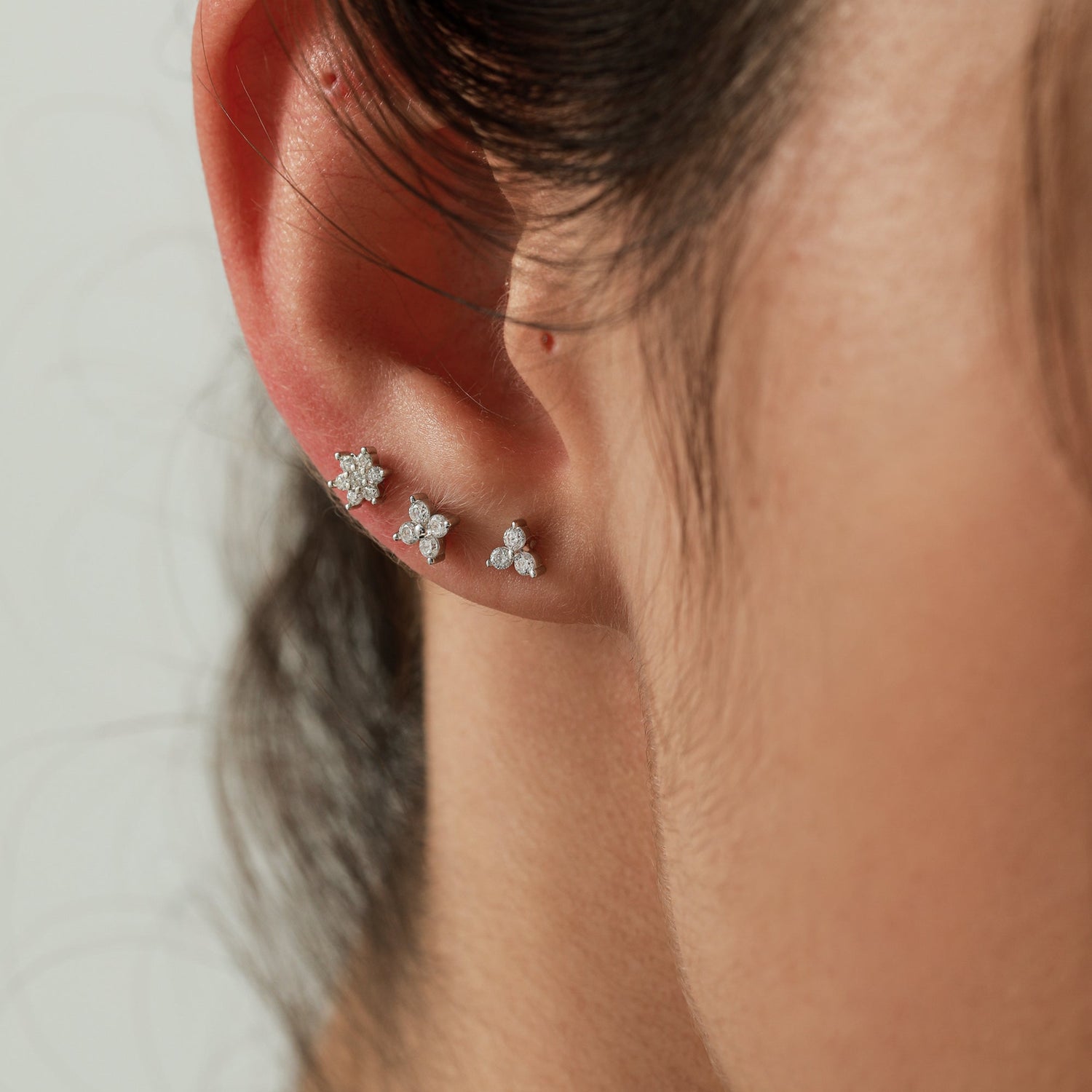 CZ Trio 16G Internally Threaded Flat Back Earrings in Sterling Silver
