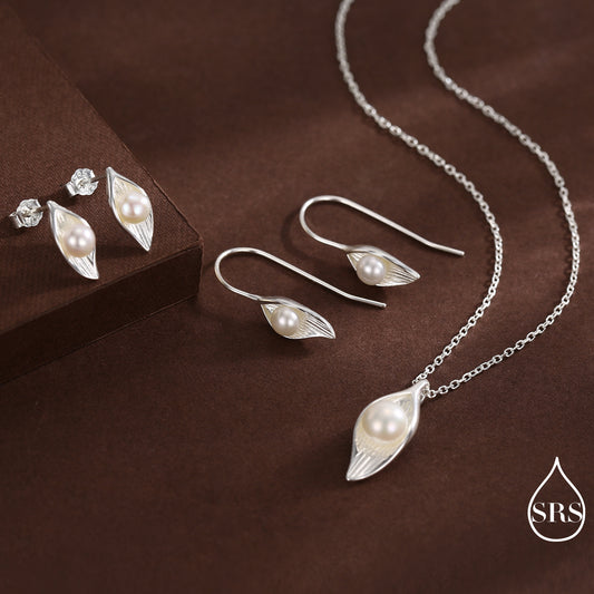 Calla Lily Flower Blossom Earrings with Fresh Water Pearls and Necklace, Nature Inspired, Nature Inspired Pretty and Elegant Jewellery