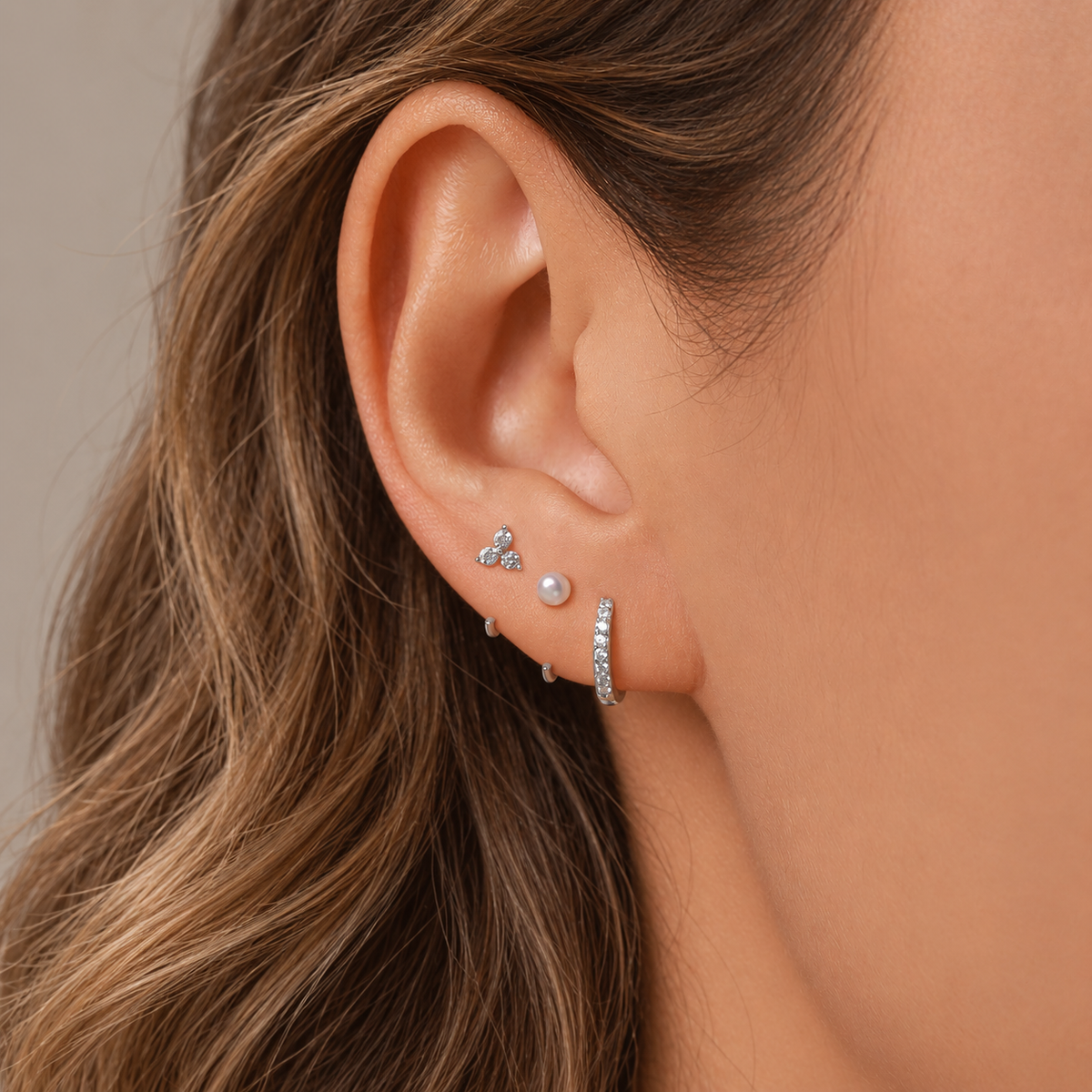 Set of Three Sterling Silver Pearl CZ Open Hoop Earrings
