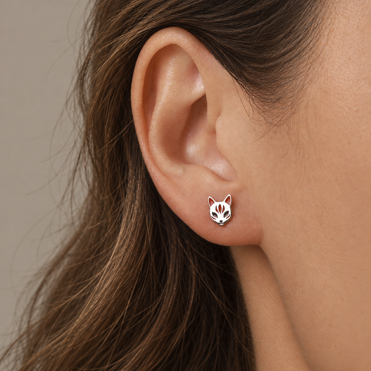 Sterling Silver Enamel Kitsune Fox Mask Stud Earrings