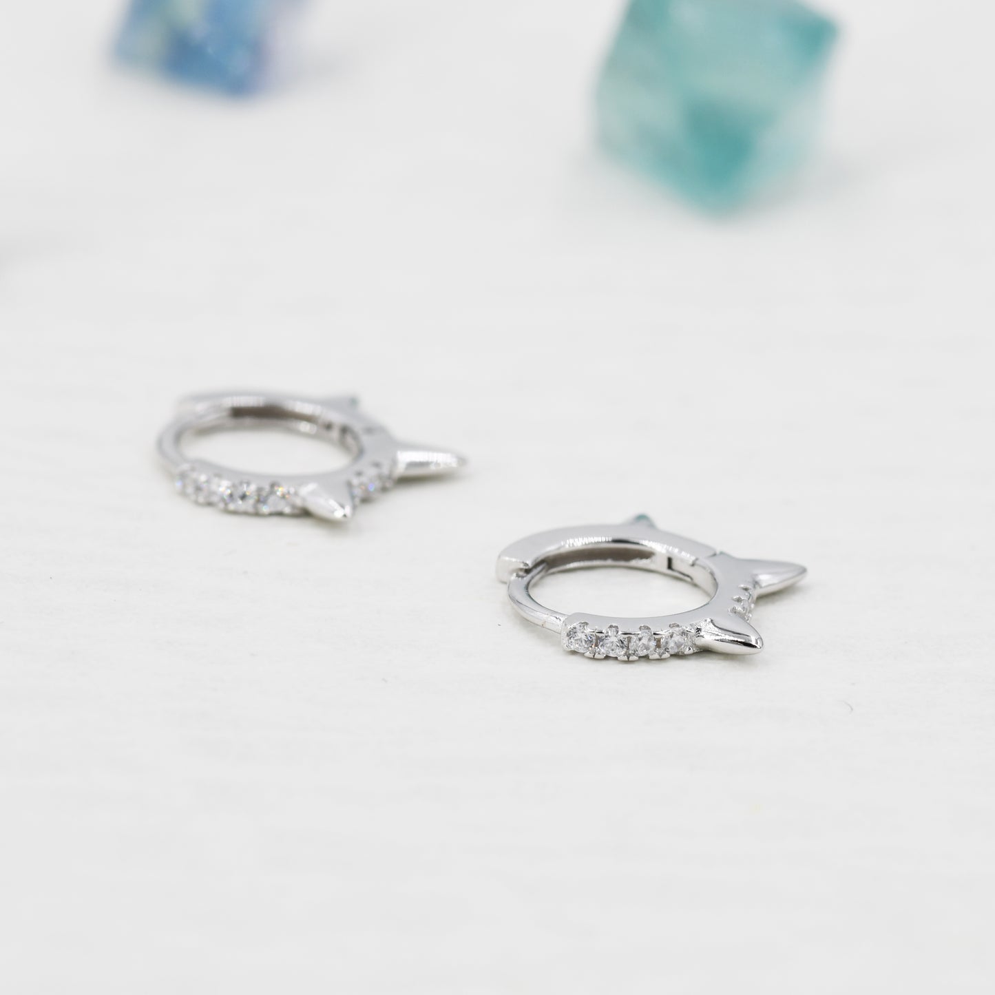 Triple Spike Huggie Hoop Earrings, Sterling Silver with CZ Crystal Pavé