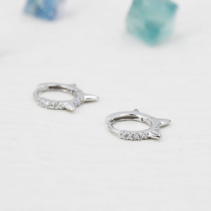 Triple Spike Huggie Hoop Earrings, Sterling Silver with CZ Crystal Pavé