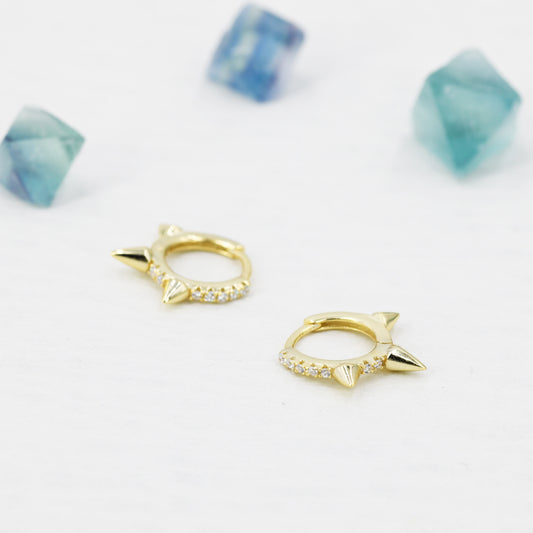 Triple Spike Huggie Hoop Earrings, Sterling Silver with CZ Crystal Pavé