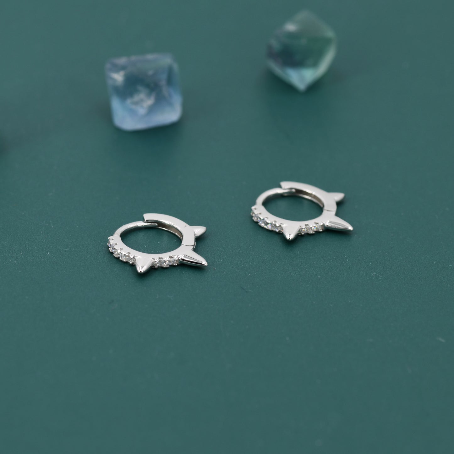 Triple Spike Huggie Hoop Earrings, Sterling Silver with CZ Crystal Pavé