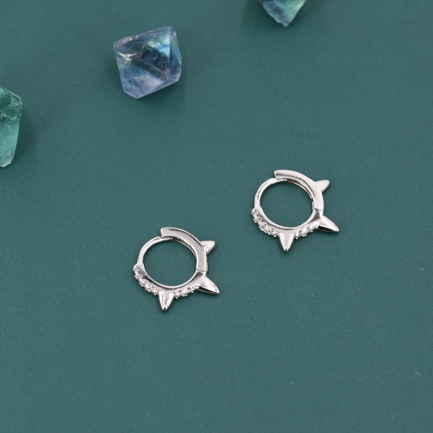 Triple Spike Huggie Hoop Earrings, Sterling Silver with CZ Crystal Pavé