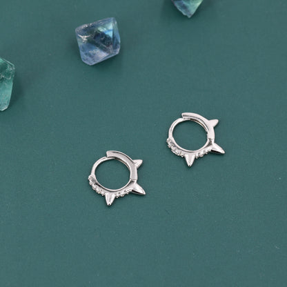 Triple Spike Huggie Hoop Earrings, Sterling Silver with CZ Crystal Pavé