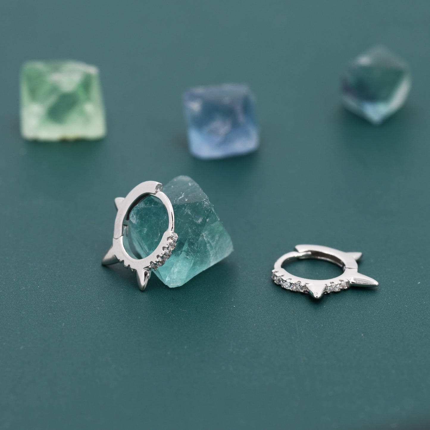 Triple Spike Huggie Hoop Earrings, Sterling Silver with CZ Crystal Pavé