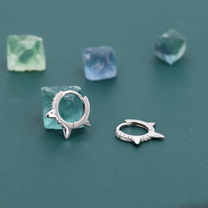 Triple Spike Huggie Hoop Earrings, Sterling Silver with CZ Crystal Pavé