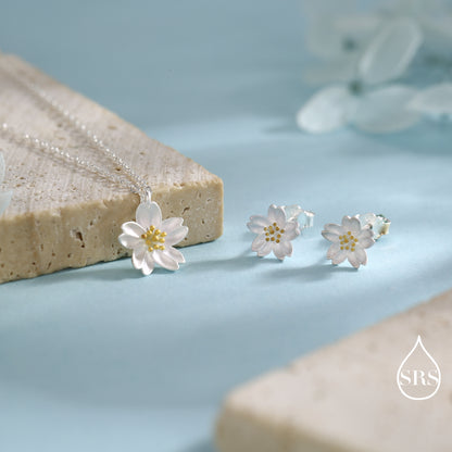 Sterling Silver Dainty Little Cherry Blossom Flower Floral Stud Earrings and Pendant Necklace, Nature Inspired, January Birth Flower, Botanical