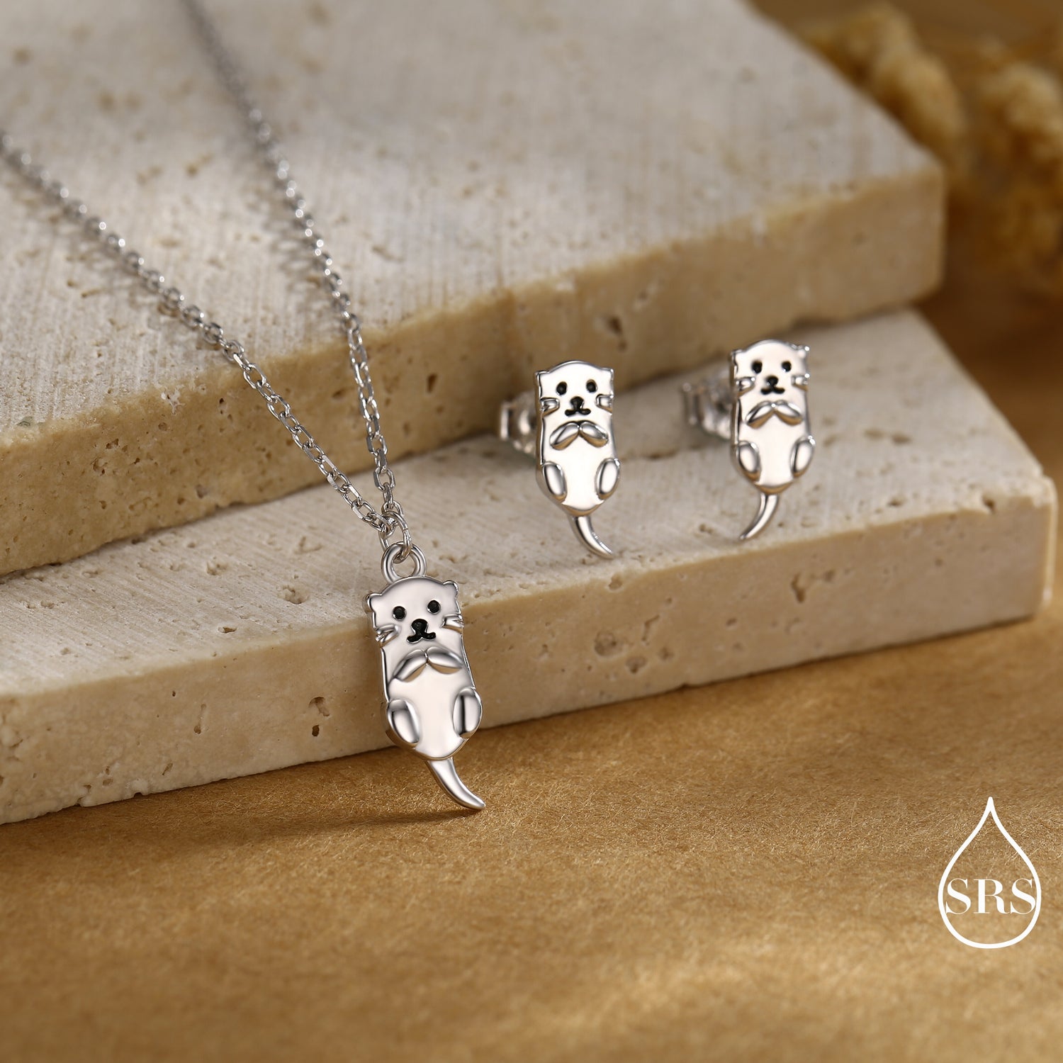 Otter Stud Earrings and Necklace in Sterling Silver - Smiling Otter- Cute Animal Jewellery- Woodland Animal Jewellery