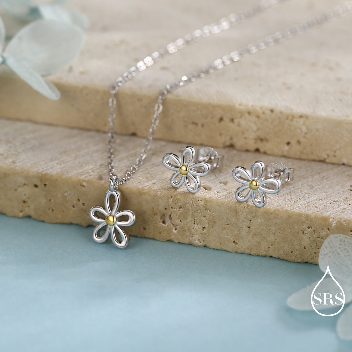 Dainty Forget-me-not Flower Stud Earrings and Necklace in Sterling Silver - Floral Blossom Flower - Nature Inspired