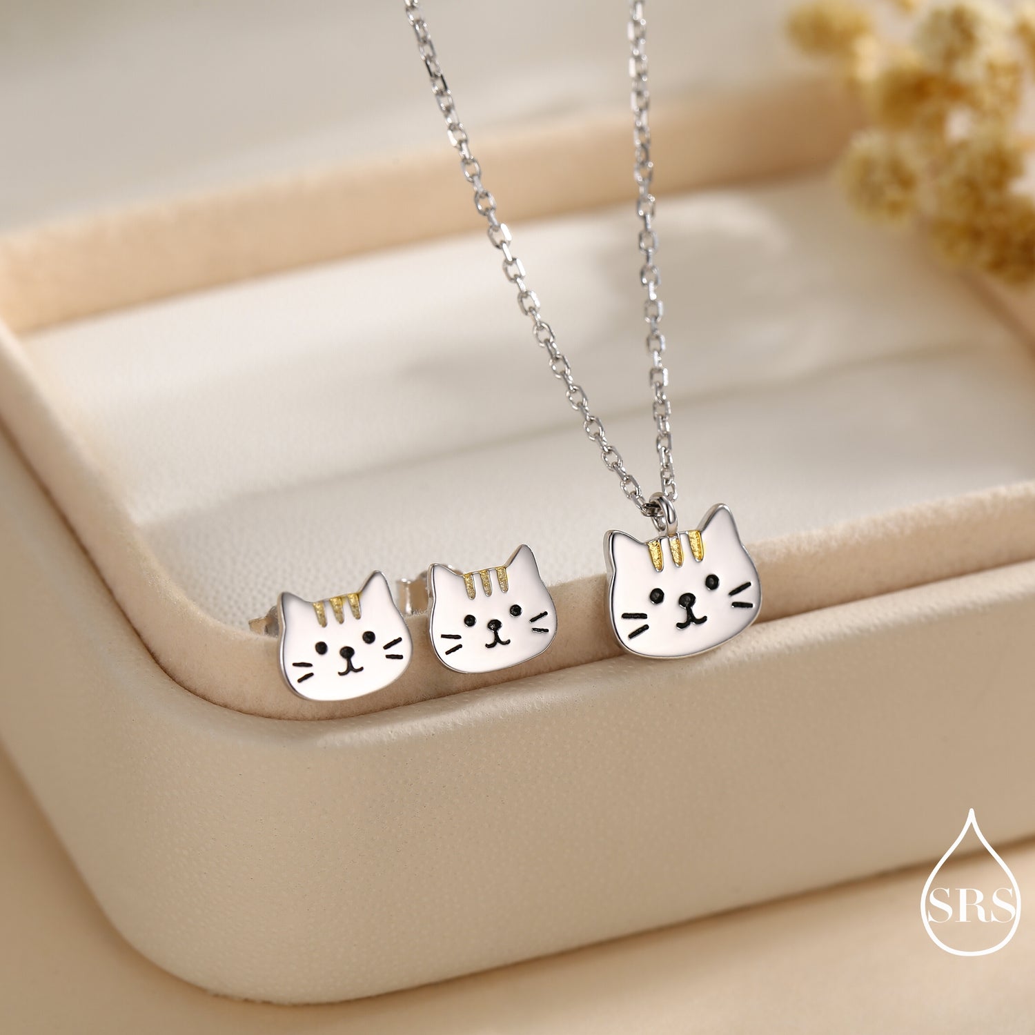 Tabby Cat Necklace & Stud Earrings Set in Sterling Silver