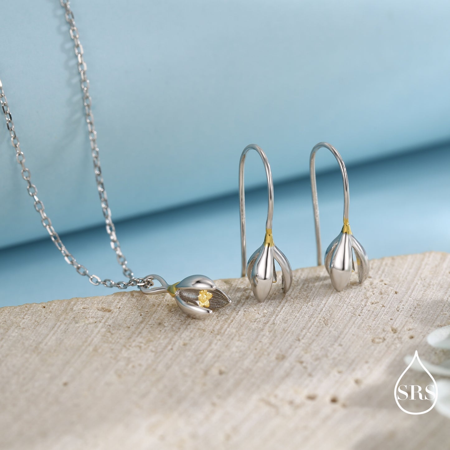 Snowdrop Flower Drop Earrings and Necklace in Sterling Silver, Silver and Gold, Nature Inspired Flower Jewellery, January Birth Flower, Botanical