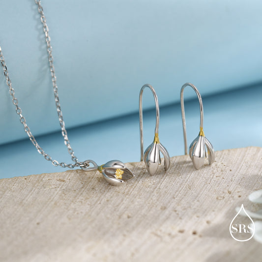Snowdrop Flower Drop Earrings and Necklace in Sterling Silver, Silver and Gold, Nature Inspired Flower Jewellery, January Birth Flower, Botanical