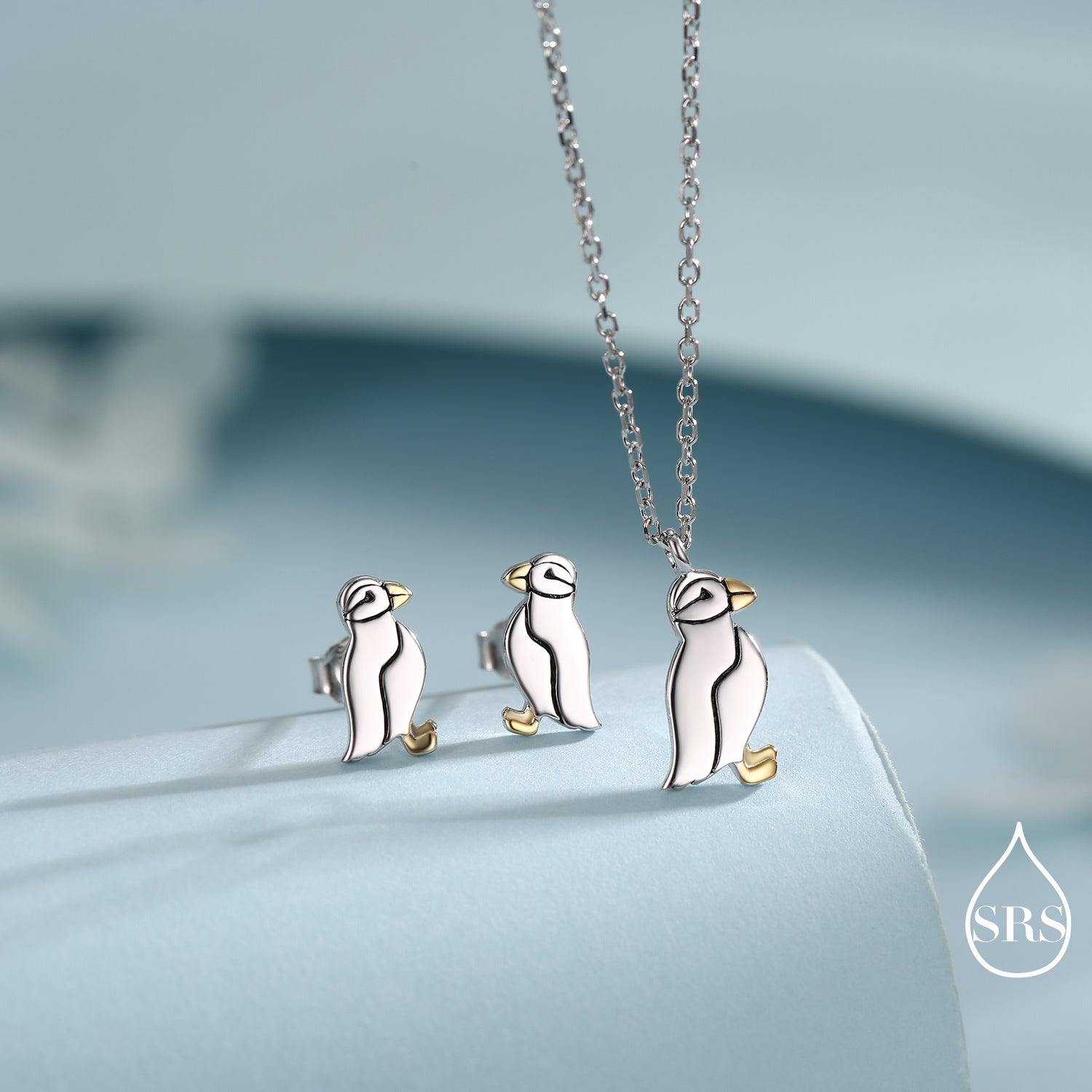 Puffin Bird Stud Earrings and Necklace in Sterling Silver - Gold and Silver Two Tone - Cute, Fun, Whimsical and Pretty Jewellery