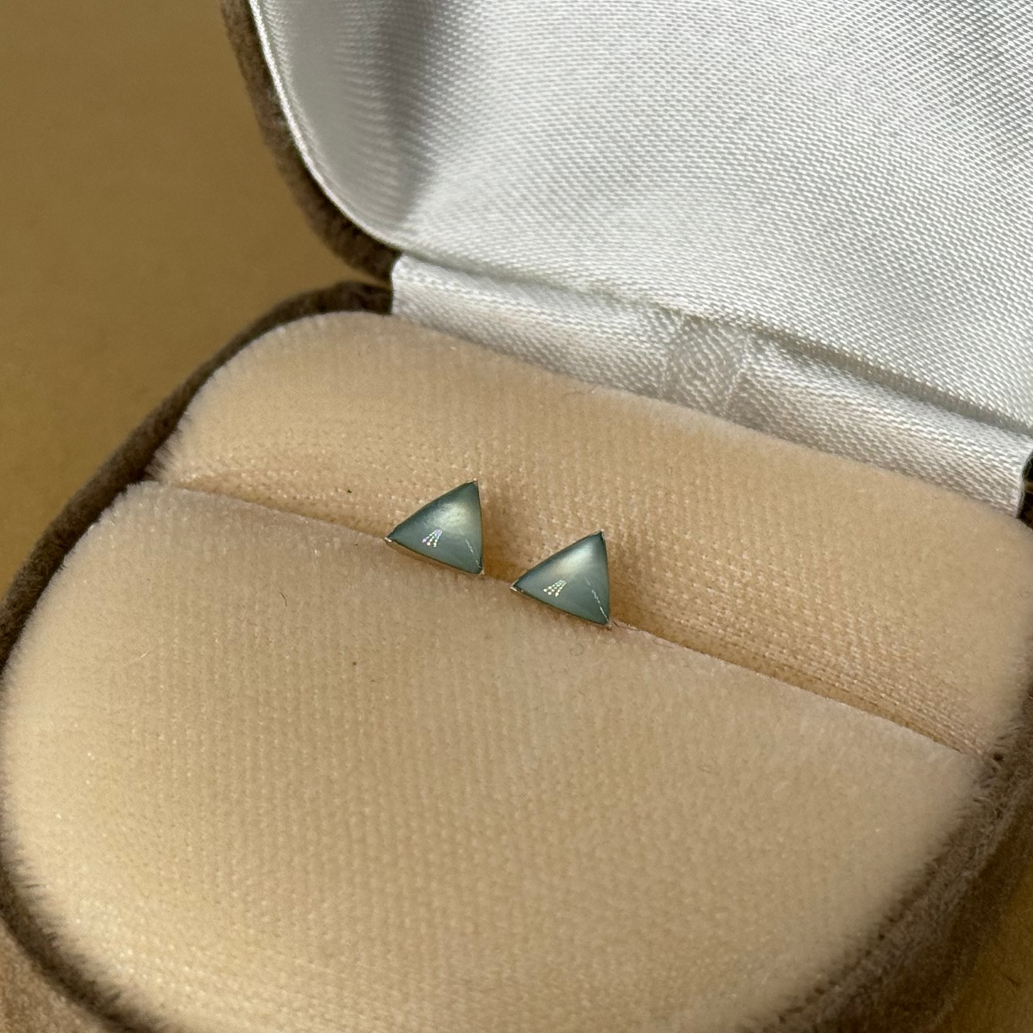 Sterling Silver Very Tiny Sage Green Triangle Stud Earrings with Resin Glaze – Simple and Discreet – Geometric and Minimalist