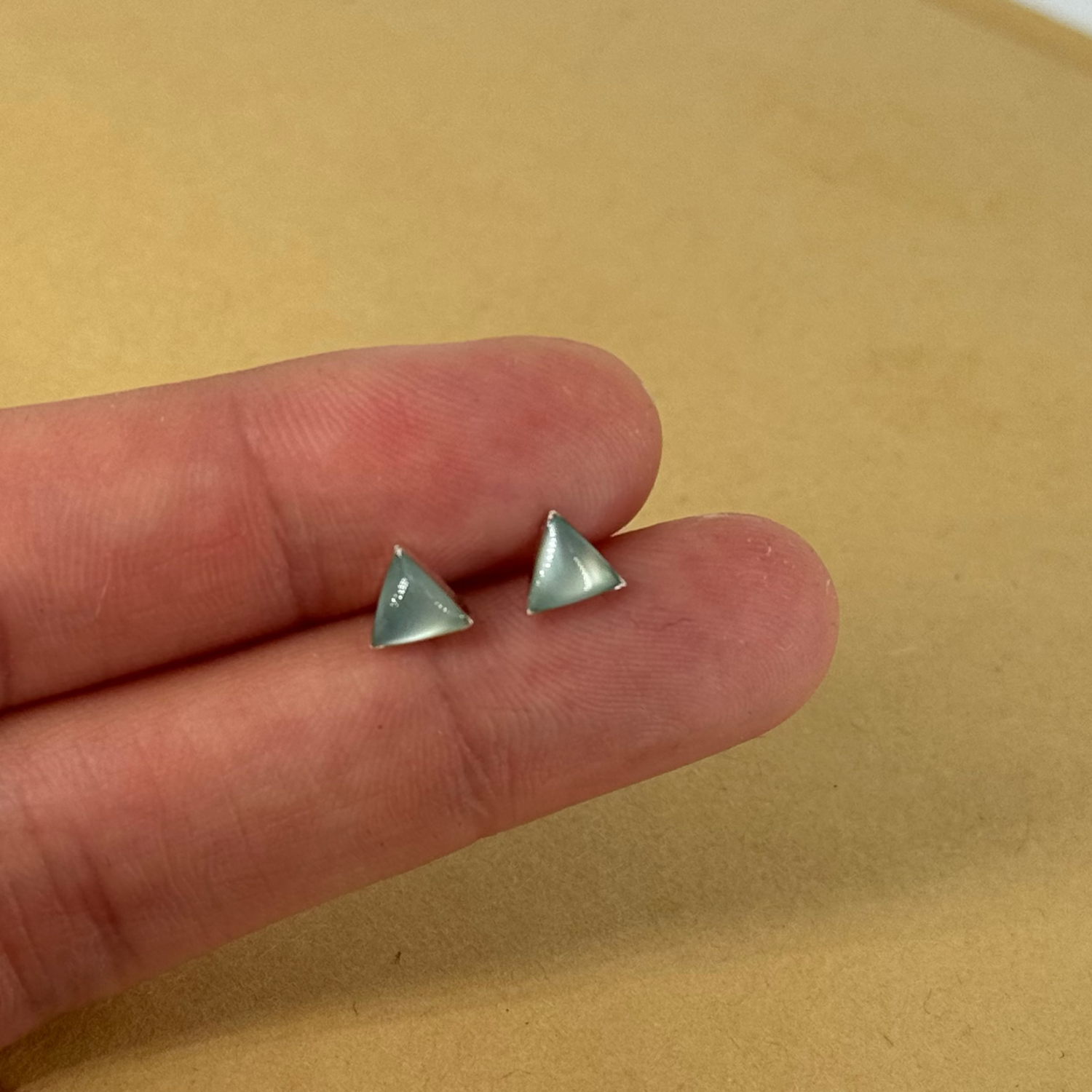 Sterling Silver Very Tiny Sage Green Triangle Stud Earrings with Resin Glaze – Simple and Discreet – Geometric and Minimalist