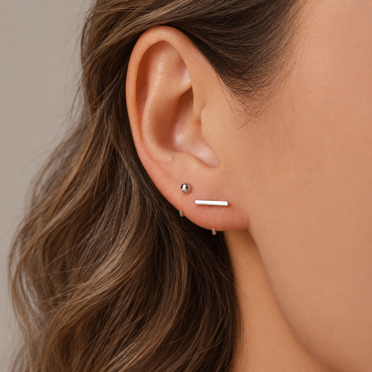 Sterling Silver Mismatched Bar and Sphere Open Hoop Earrings