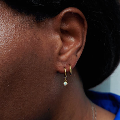 Sterling Silver Hoops with Tiny Dangling 3mm Green Opal,  Aqua Green Opal Charm Dangle Hoop Earrings, Silver or Gold, Lab Opal Hoops