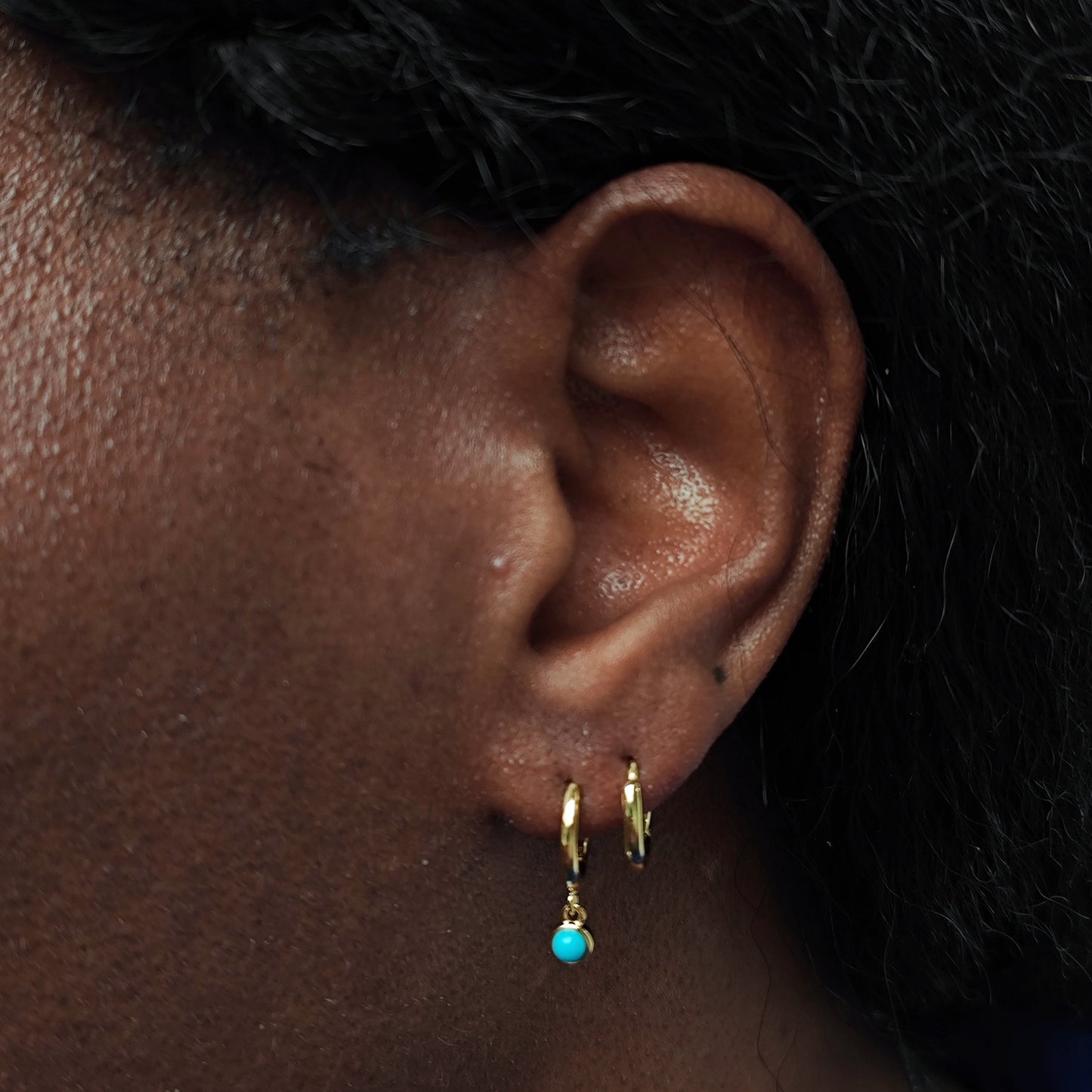 Sterling Silver Hoops with Tiny Dangling 3mm Turquoise, Very Small Turquoise Charm Dangle Hoop Earrings, Silver or Gold