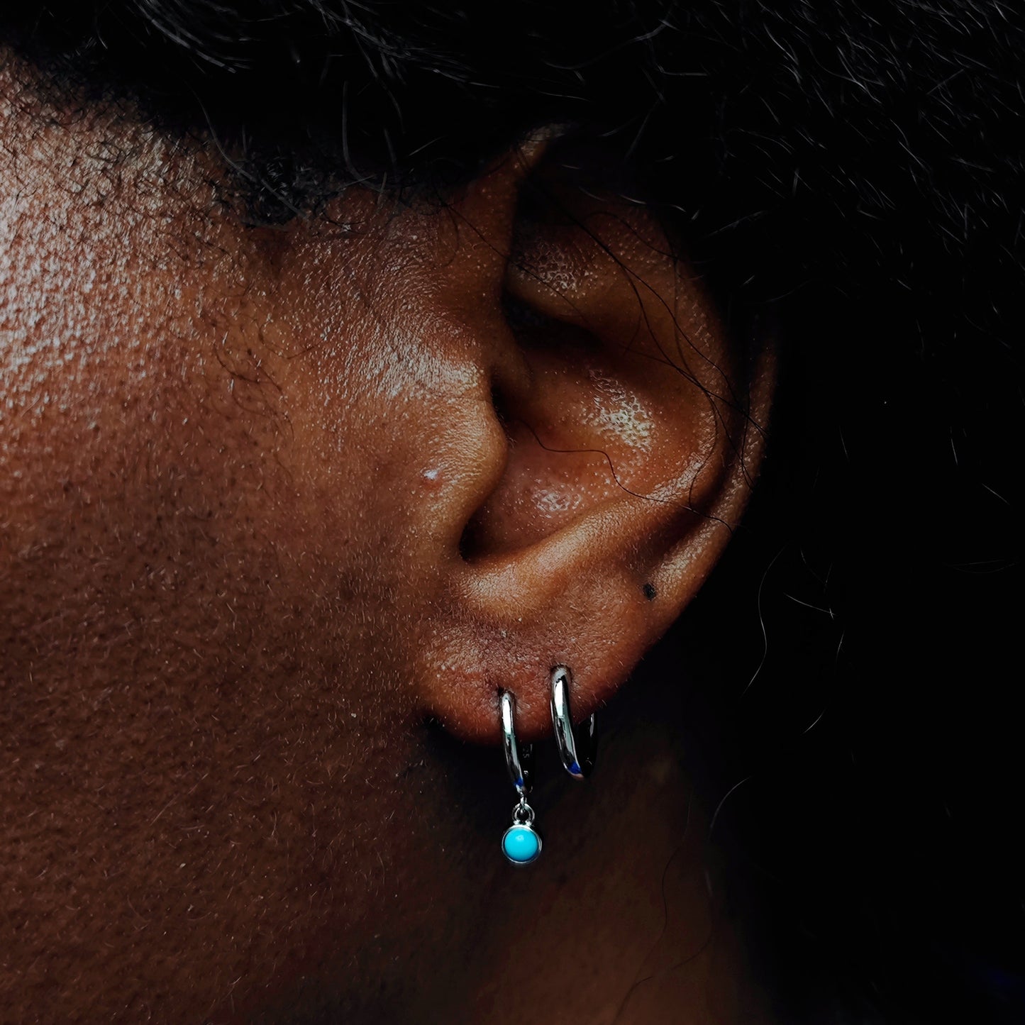 Sterling Silver Hoops with Tiny Dangling 3mm Turquoise, Very Small Turquoise Charm Dangle Hoop Earrings, Silver or Gold