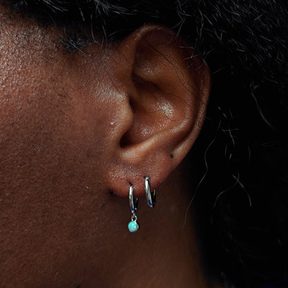 Sterling Silver Hoops with Tiny Dangling 3mm Green Opal,  Aqua Green Opal Charm Dangle Hoop Earrings, Silver or Gold, Lab Opal Hoops