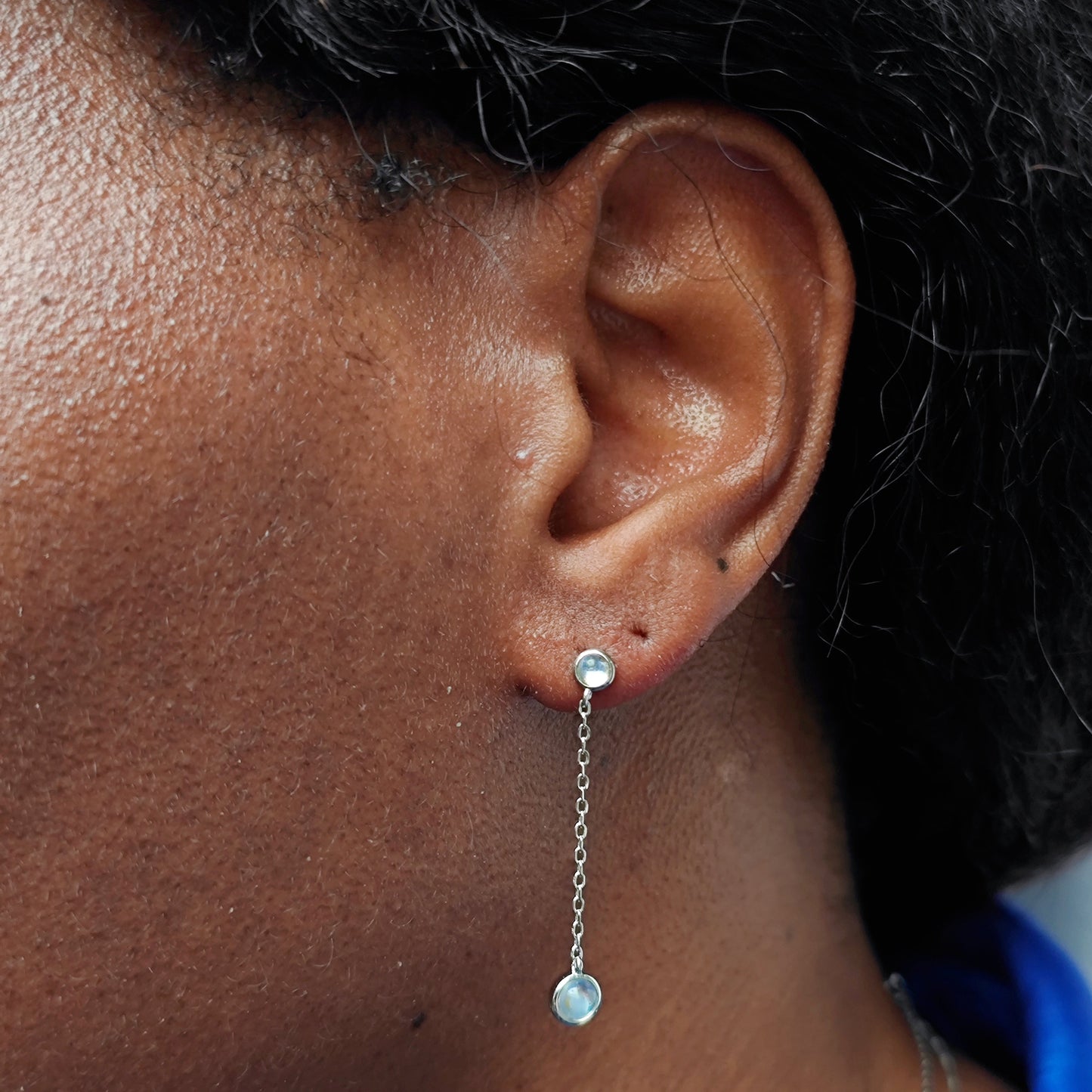 Double Moonstone Dangle Earrings in Sterling Silver,  Silver or Gold, Round Lab Moonstone Bezel Earrings, Two Moonstone Earrings