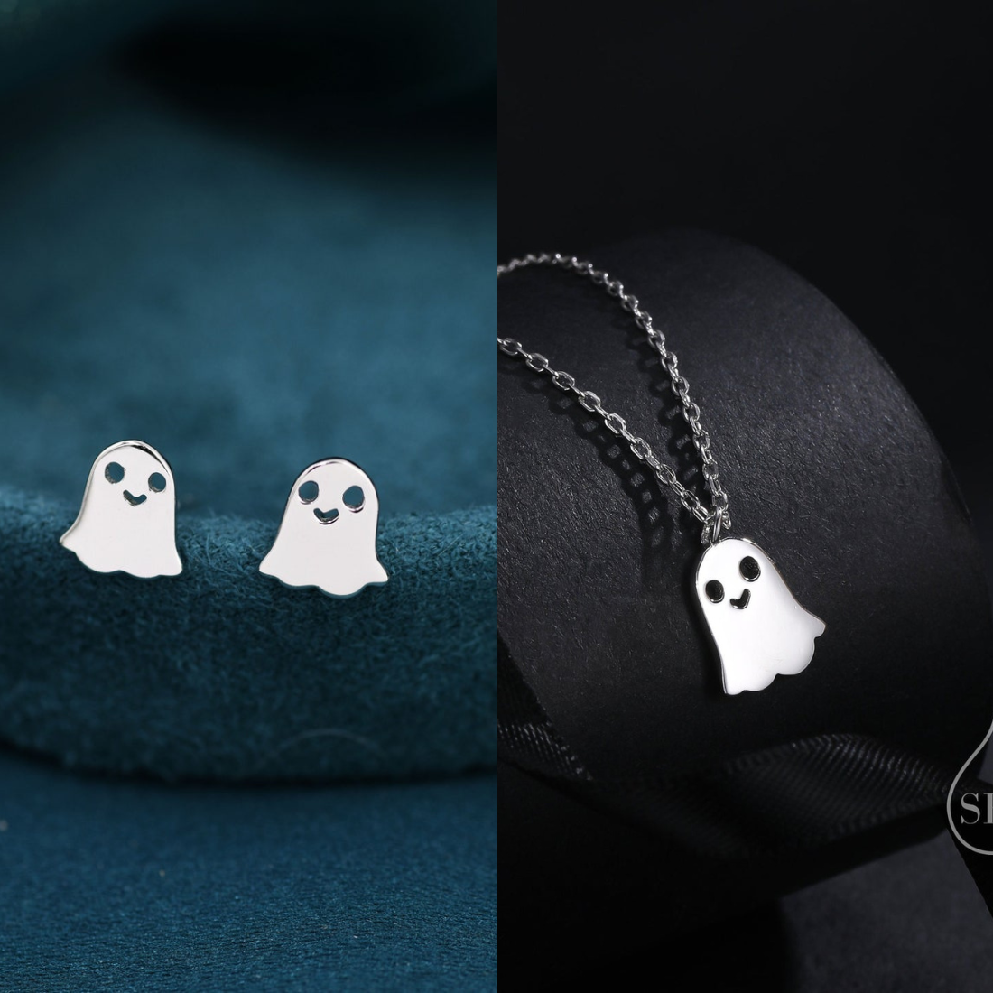 Sterling Silver Little Ghost Stud Earrings, Drop Stud Earrings and Necklace, Set Available