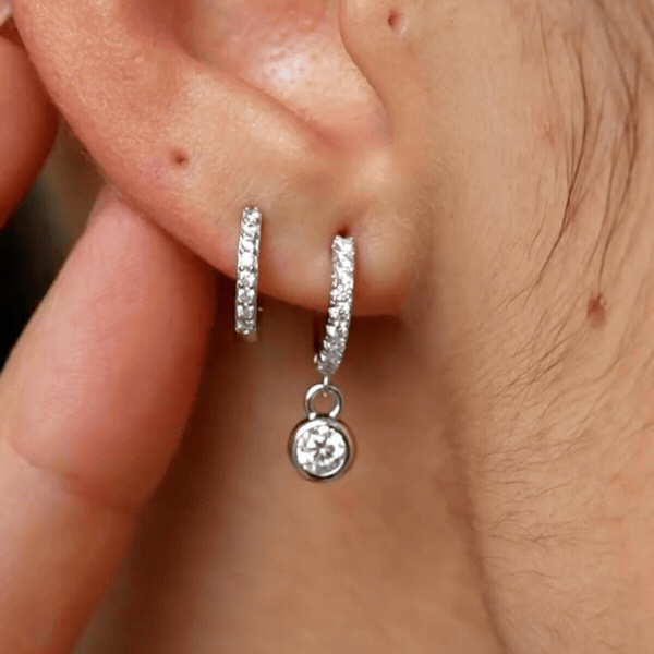 Tiny CZ Dangle Huggie Hoop in Sterling Silver, Silver or Gold or Rose Gold, Skinny CZ Dangle Earrings, CZ Hoops