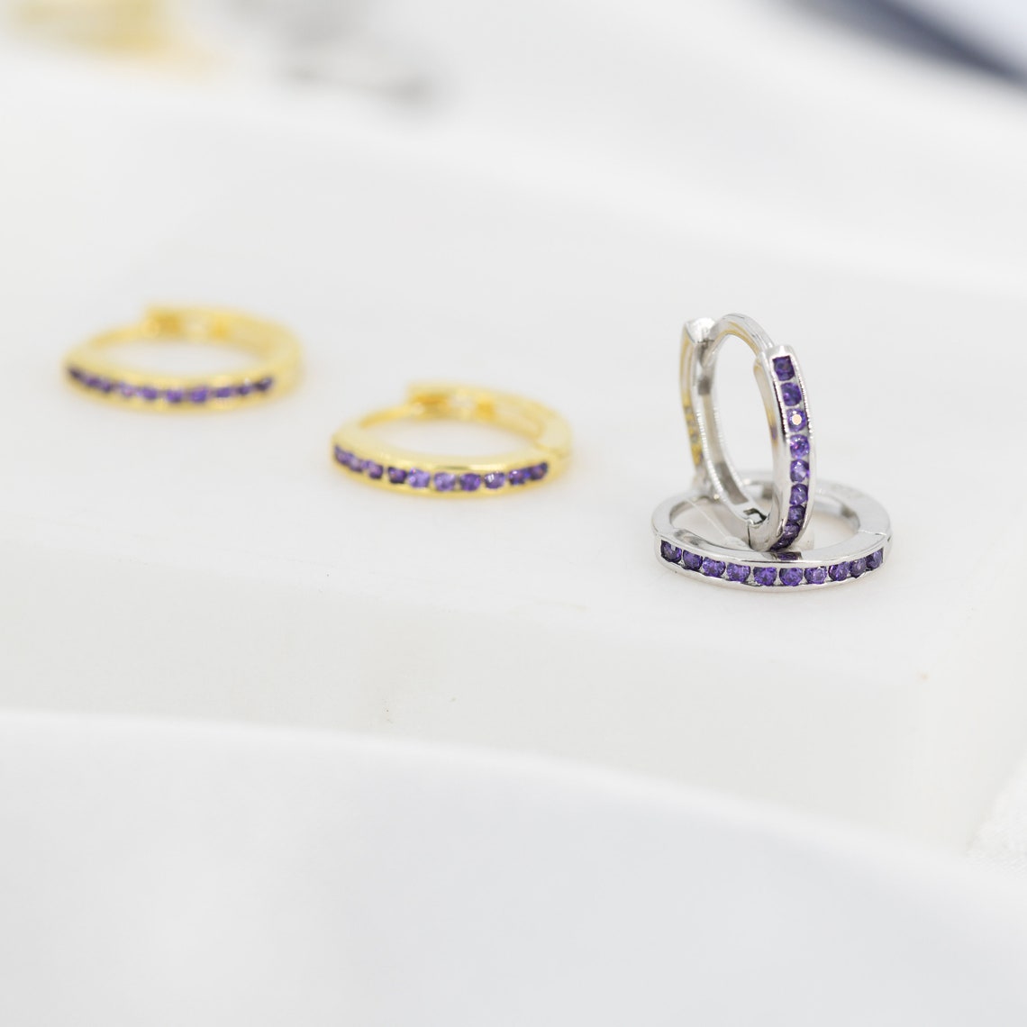 Extra Skinny Purple Amethyst CZ Huggie Hoop in Sterling Silver, Silver or Gold,  8mm Inner Diameter Hoop Earrings, February Birthstone