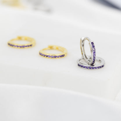 Extra Skinny Purple Amethyst CZ Huggie Hoop in Sterling Silver, Silver or Gold,  8mm Inner Diameter Hoop Earrings, February Birthstone