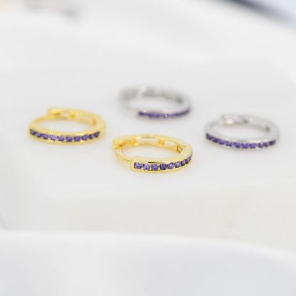 Extra Skinny Purple Amethyst CZ Huggie Hoop in Sterling Silver, Silver or Gold,  8mm Inner Diameter Hoop Earrings, February Birthstone