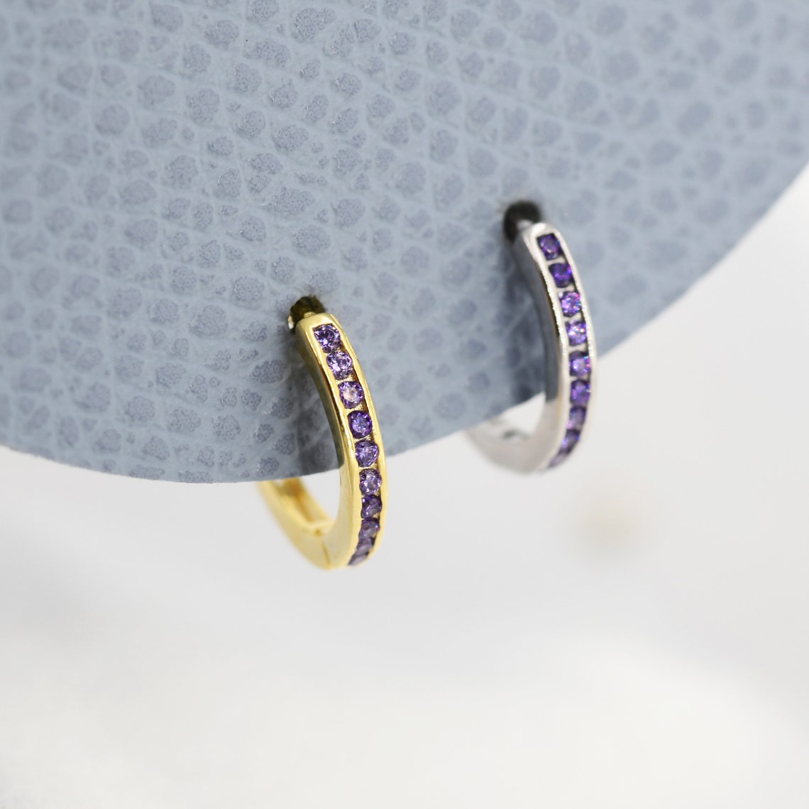 Extra Skinny Purple Amethyst CZ Huggie Hoop in Sterling Silver, Silver or Gold,  8mm Inner Diameter Hoop Earrings, February Birthstone