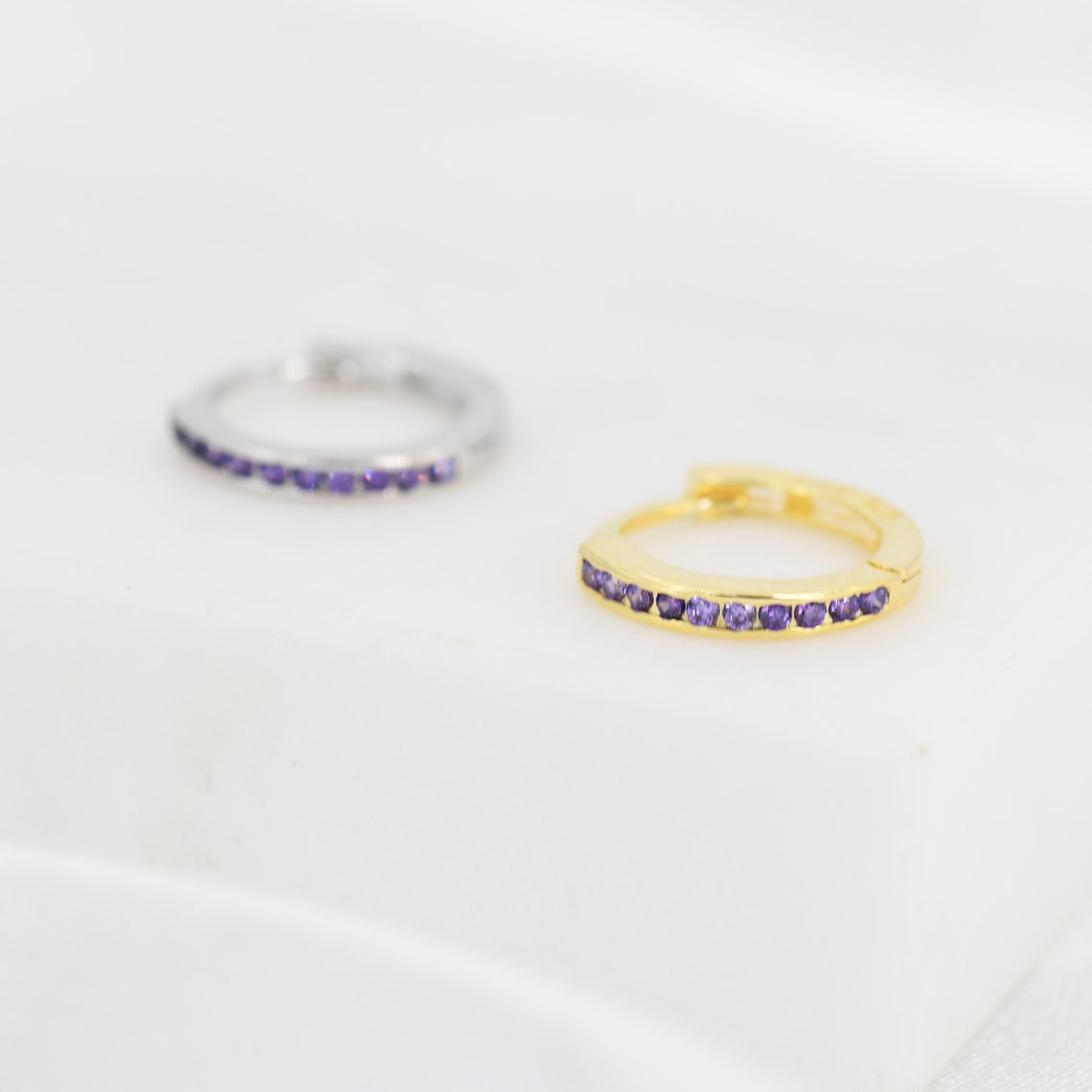 Extra Skinny Purple Amethyst CZ Huggie Hoop in Sterling Silver, Silver or Gold,  8mm Inner Diameter Hoop Earrings, February Birthstone