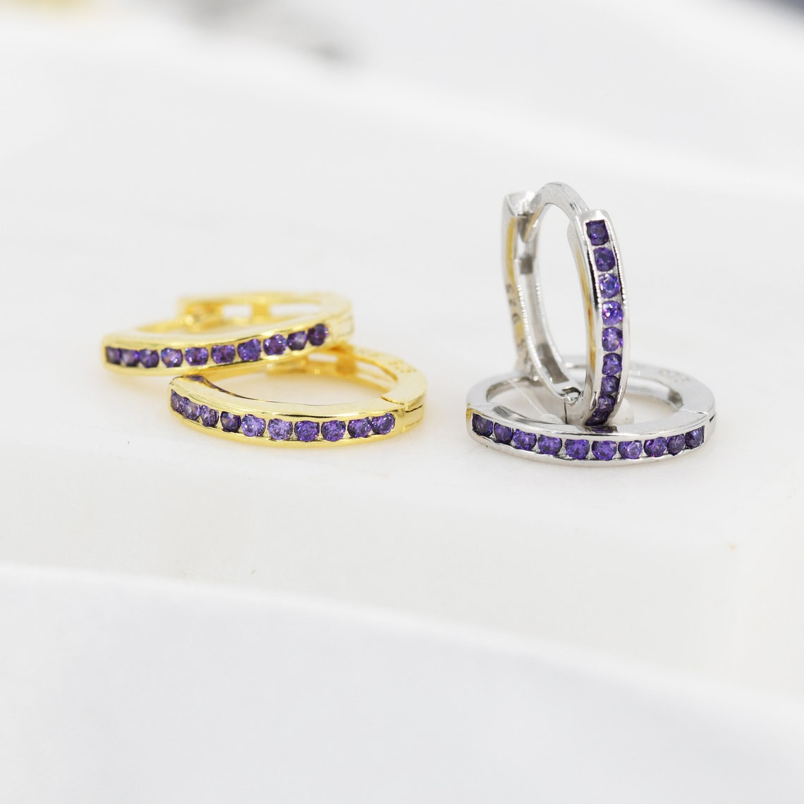 Extra Skinny Purple Amethyst CZ Huggie Hoop in Sterling Silver, Silver or Gold,  8mm Inner Diameter Hoop Earrings, February Birthstone