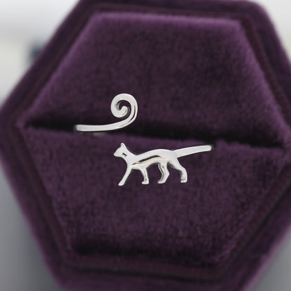 Sterling Silver Cat Ring, Adjustable Sized Ring, Open Ring, Stacking Rings