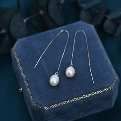 Genuine Pearl Threader Earrings in Sterling Silver, Silver or Gold, Pearl Ear Threaders, Natural Freshwater Pearls, Drop Ear Threaders