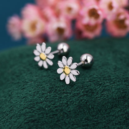 Little Daisy Flower Screw Back Earrings in Sterling Silver - Cute Flower Blossom Earrings - Fun, Whimsical, Earlobe or Cartilage