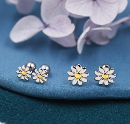 Little Daisy Flower Screw Back Earrings in Sterling Silver - Cute Flower Blossom Earrings - Fun, Whimsical, Earlobe or Cartilage