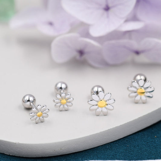 Little Daisy Flower Screw Back Earrings in Sterling Silver - Cute Flower Blossom Earrings - Fun, Whimsical, Earlobe or Cartilage