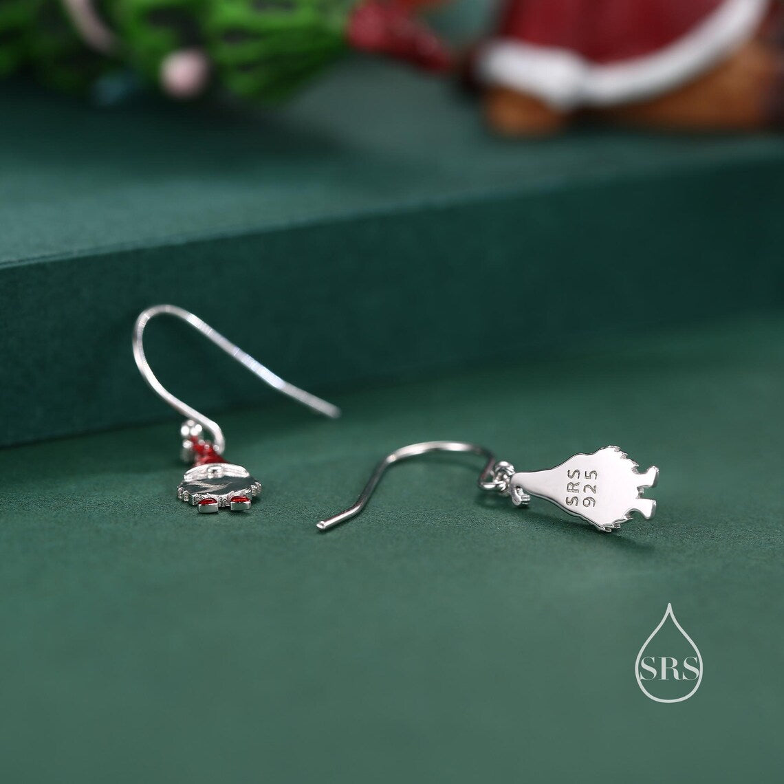 Tiny Gnome Drop Hook Earrings in Sterling Silver with Hand Painted Enamel, Winter Earrings, Snowman Earrings, Christmas Earrings