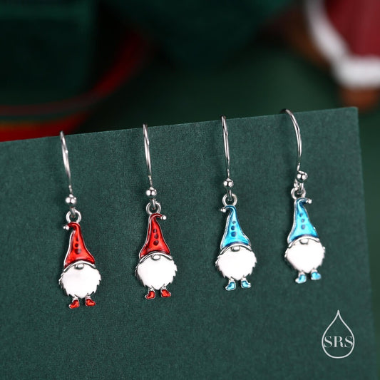 Tiny Gnome Drop Hook Earrings in Sterling Silver with Hand Painted Enamel, Winter Earrings, Snowman Earrings, Christmas Earrings