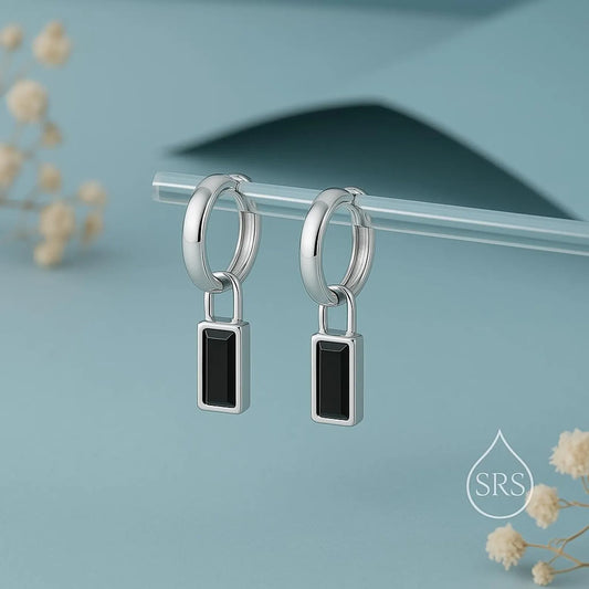 Black Baguette Cut CZ Huggie Hoop in Sterling Silver, Silver or Gold, CZ Minimalist Hoop Earrings, Detachable and Interchangeable