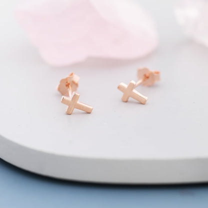 Tiny Cross Screw Back Earrings in Sterling Silver, Silver or Gold or Rose Gold, Small Cross Barbell Earrings